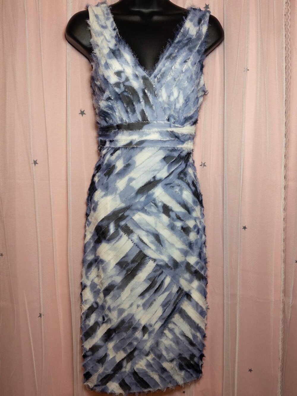 Ann Taylor Blue White Black Painted Abstract Bandage Style Dress with Fringe